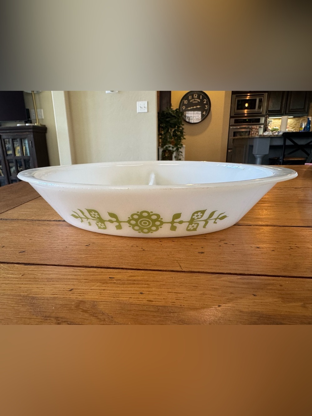 Vintage Glasbake Green Daisy Oval Divided Casserole Dish